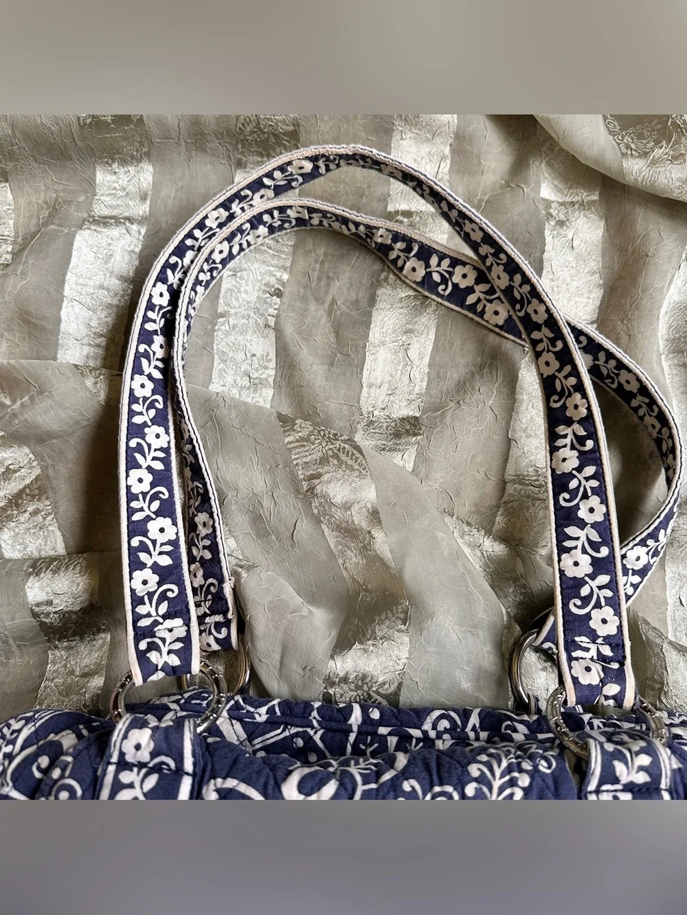 Vera Bradley Twirly Bird Blue Navy and White Quilted Floral Shoulder Bag